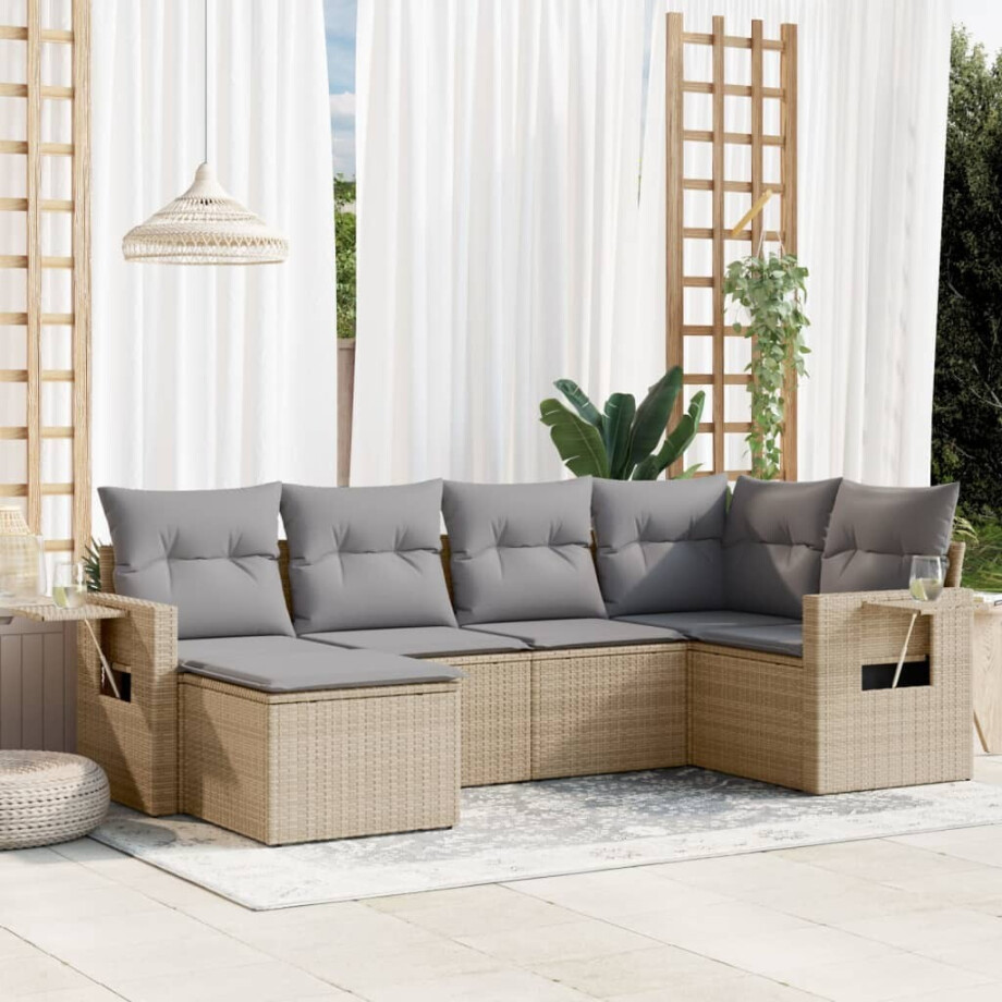 vidaXL 6-delige Loungeset met kussens poly rattan beige afbeelding 1