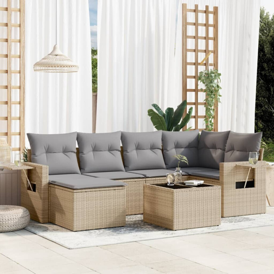 vidaXL 7-delige Loungeset met kussens poly rattan beige afbeelding 1