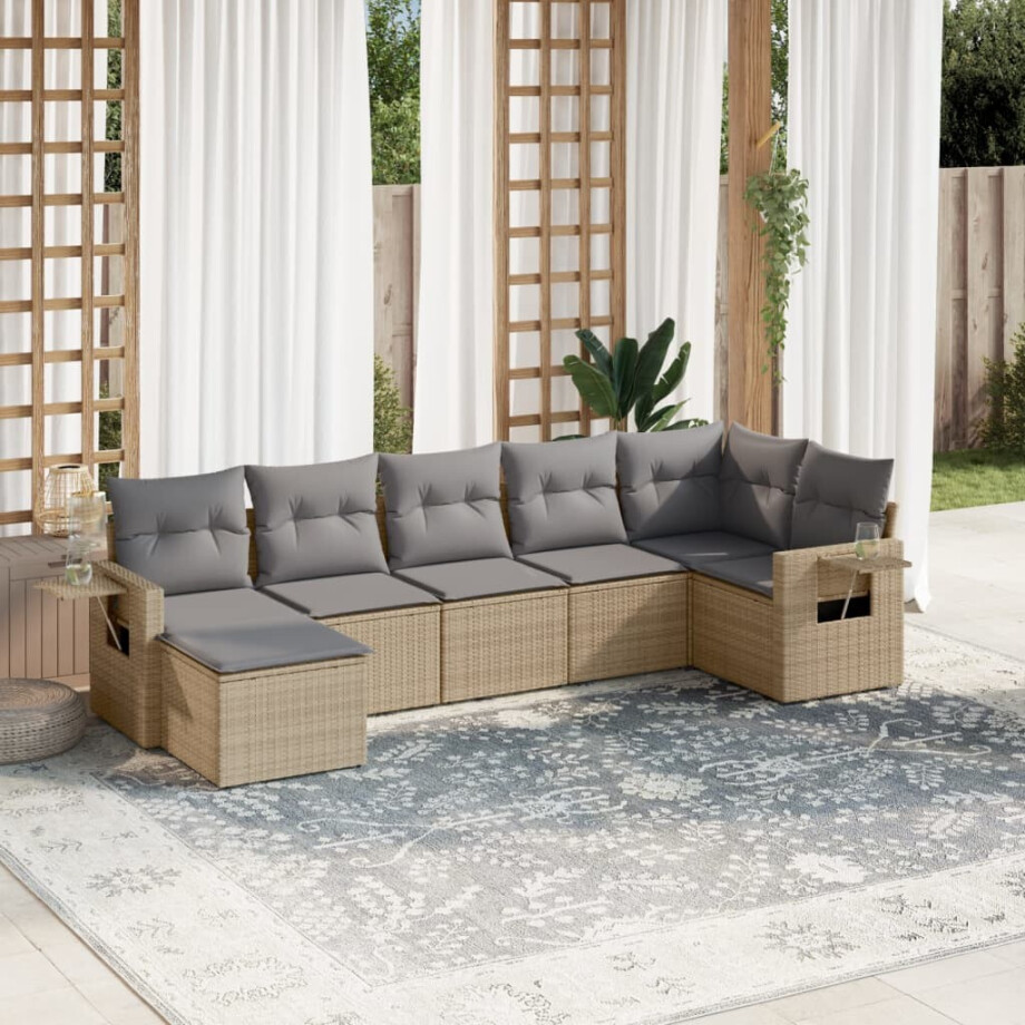 vidaXL 7-delige Loungeset met kussens poly rattan beige afbeelding 1