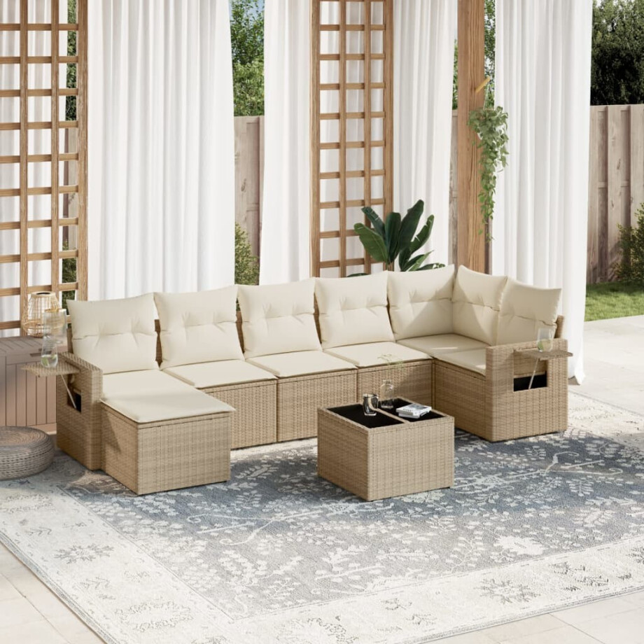 vidaXL 8-delige Loungeset met kussens poly rattan beige afbeelding 1