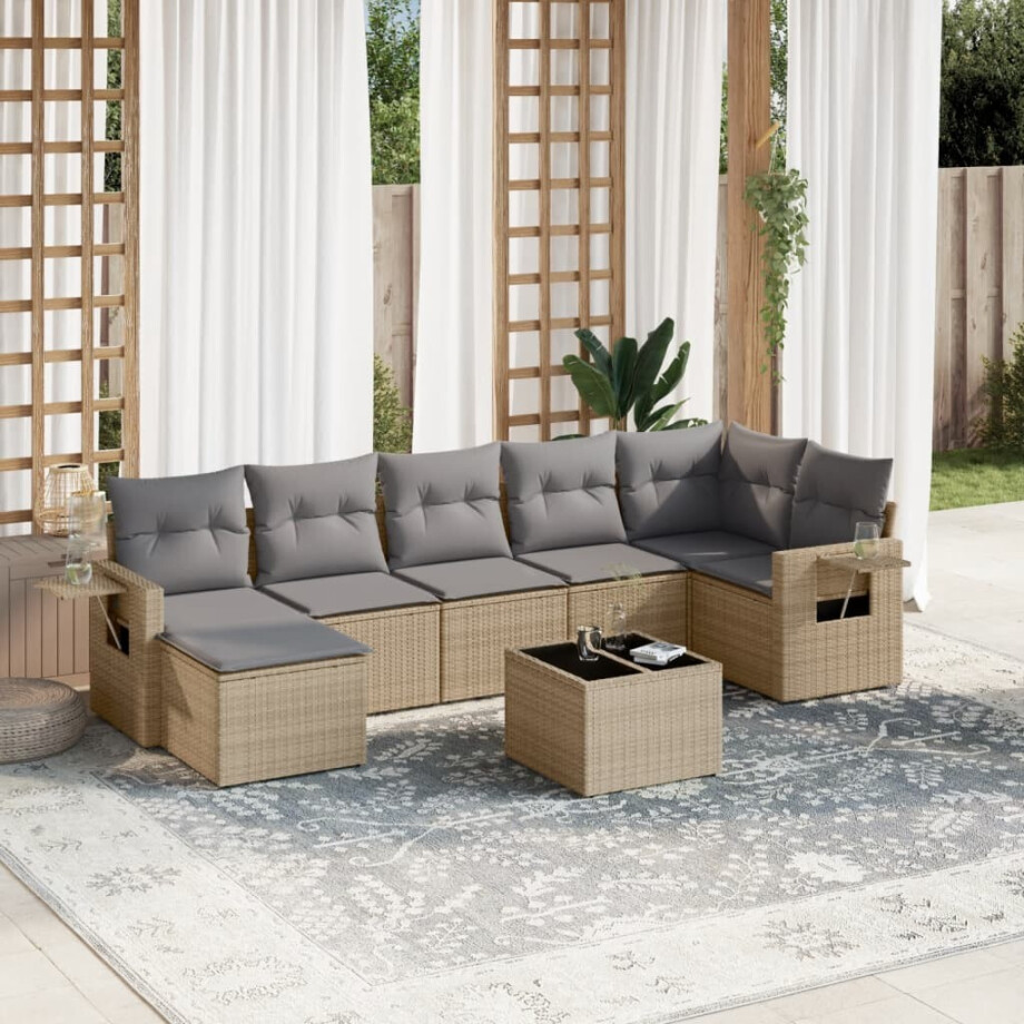 vidaXL 8-delige Loungeset met kussens poly rattan beige afbeelding 1