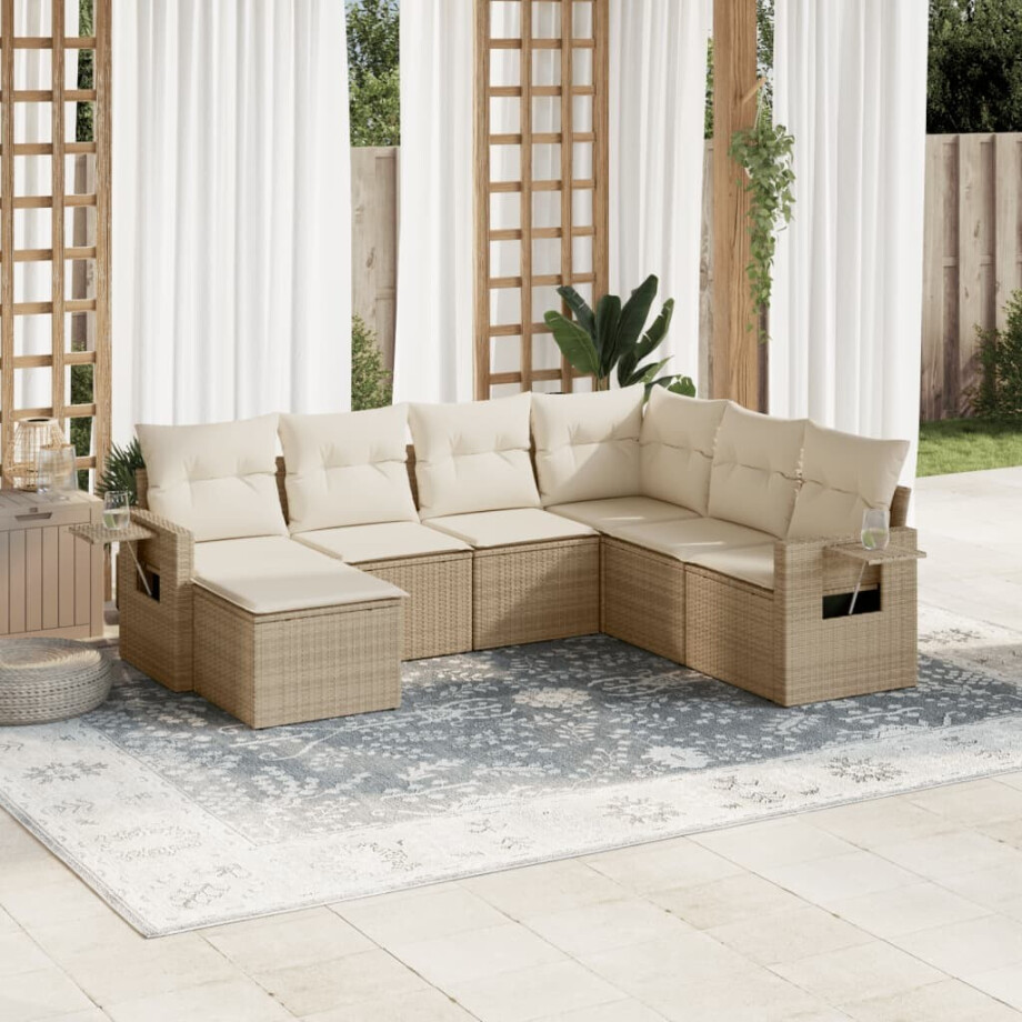 vidaXL 7-delige Loungeset met kussens poly rattan beige afbeelding 1