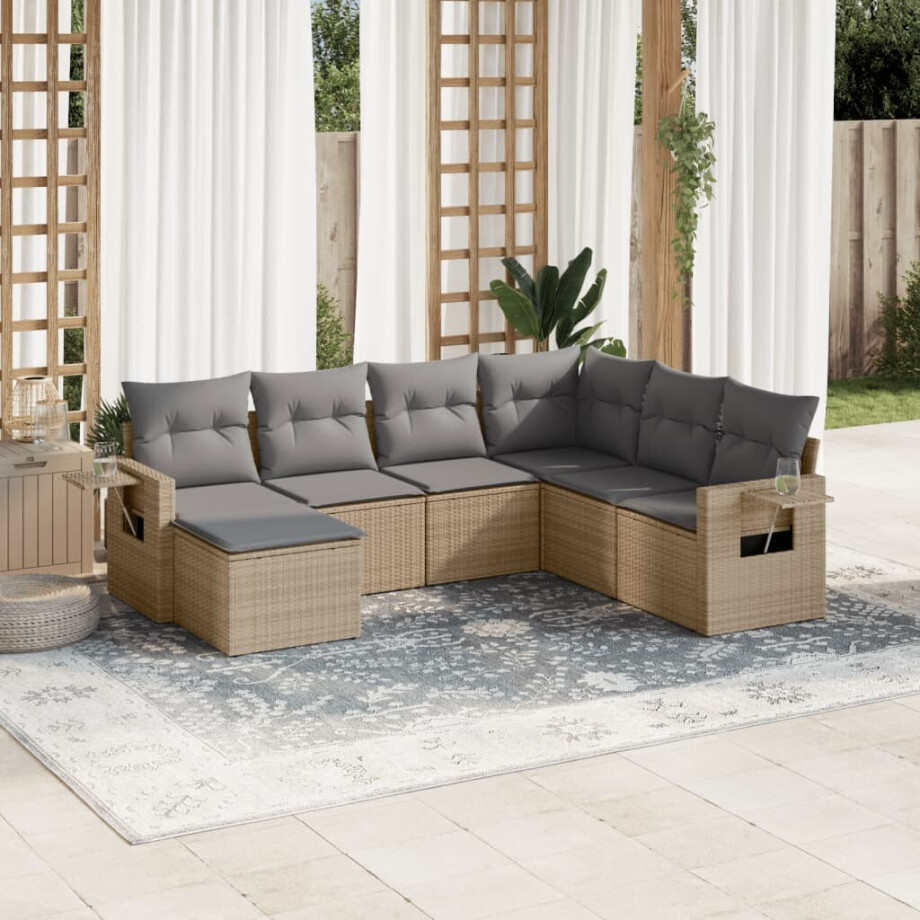 vidaXL 7-delige Loungeset met kussens poly rattan beige afbeelding 1