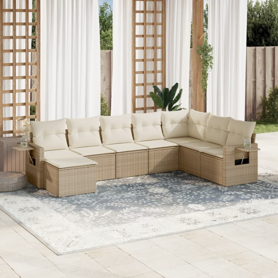 vidaXL 8-delige Loungeset met kussens poly rattan beige afbeelding 1