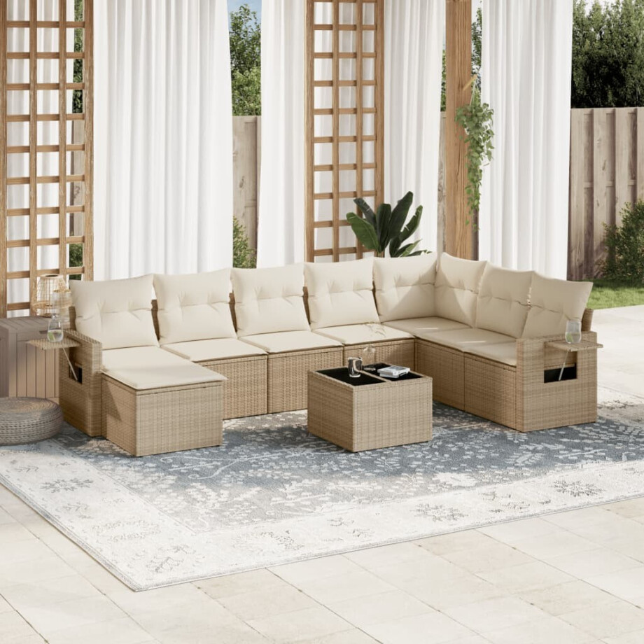vidaXL 9-delige Loungeset met kussens poly rattan beige afbeelding 1