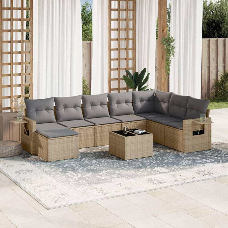 vidaXL 9-delige Loungeset met kussens poly rattan beige afbeelding 1