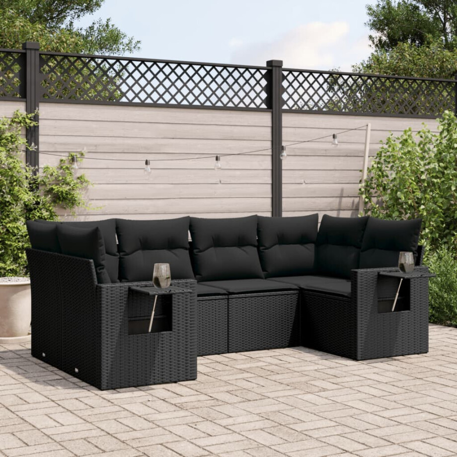 vidaXL 6-delige Loungeset met kussens poly rattan zwart afbeelding 1