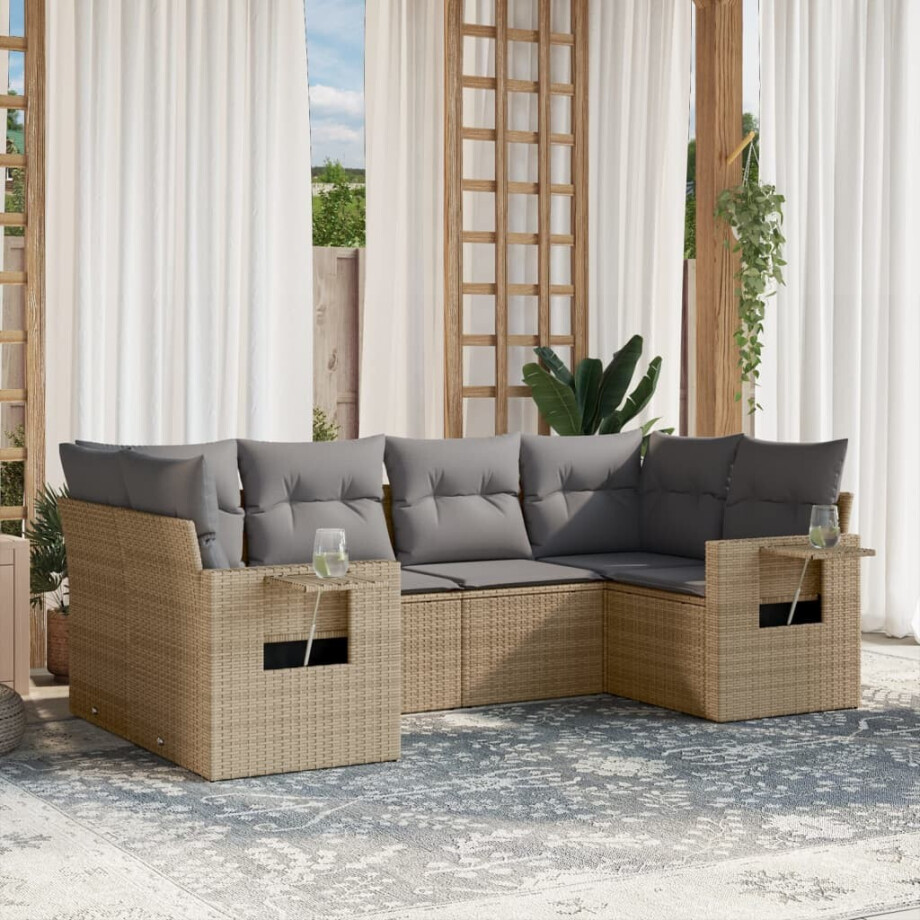 vidaXL 6-delige Loungeset met kussens poly rattan beige afbeelding 1