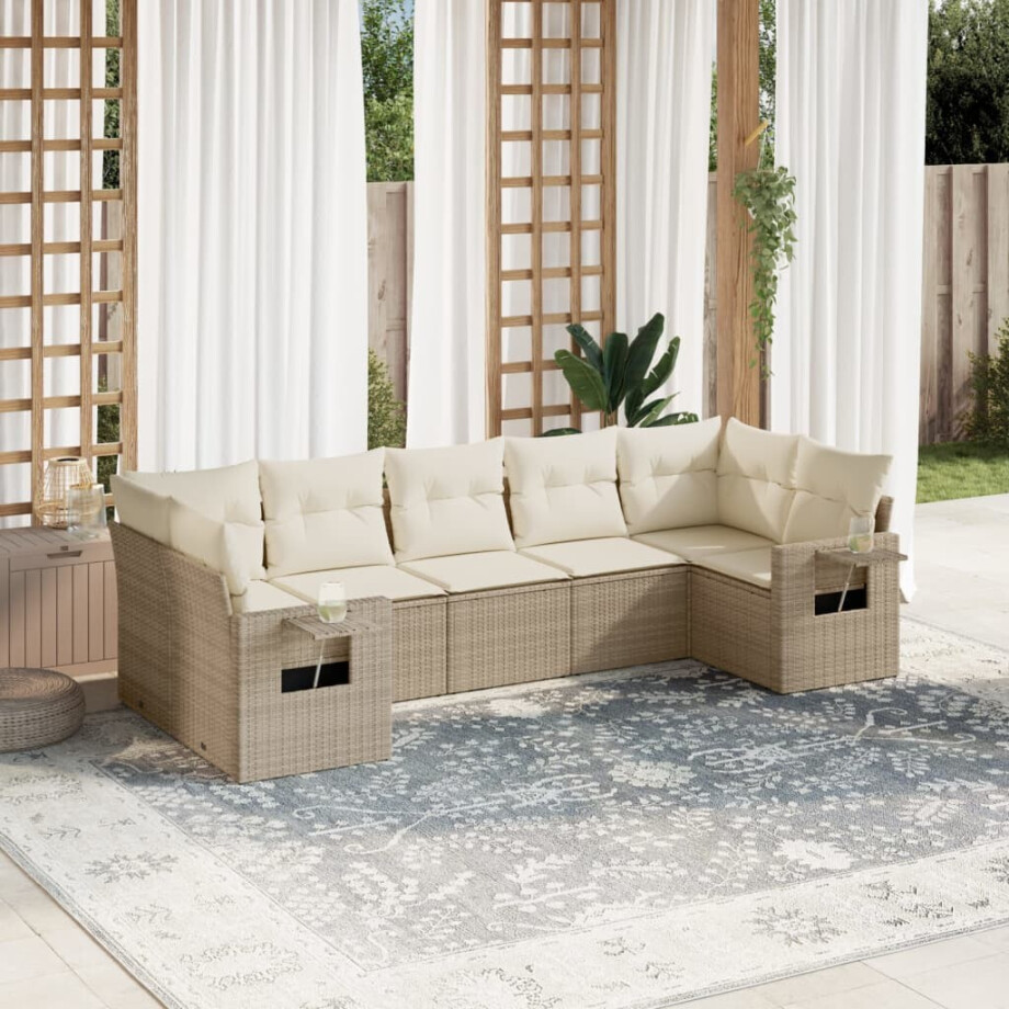 vidaXL 7-delige Loungeset met kussens poly rattan beige afbeelding 1