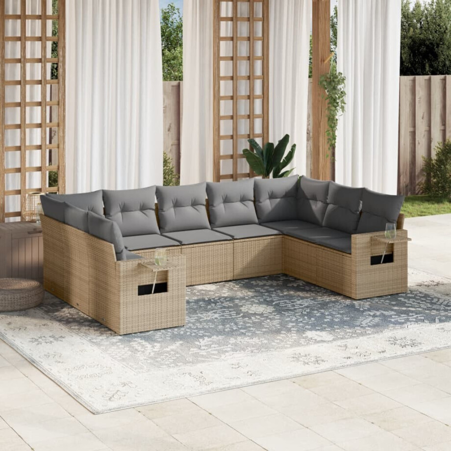 vidaXL 9-delige Loungeset met kussens poly rattan beige afbeelding 1