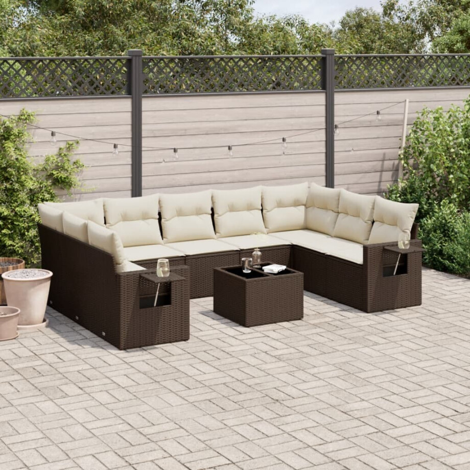 vidaXL 10-delige Loungeset met kussens poly rattan bruin afbeelding 1
