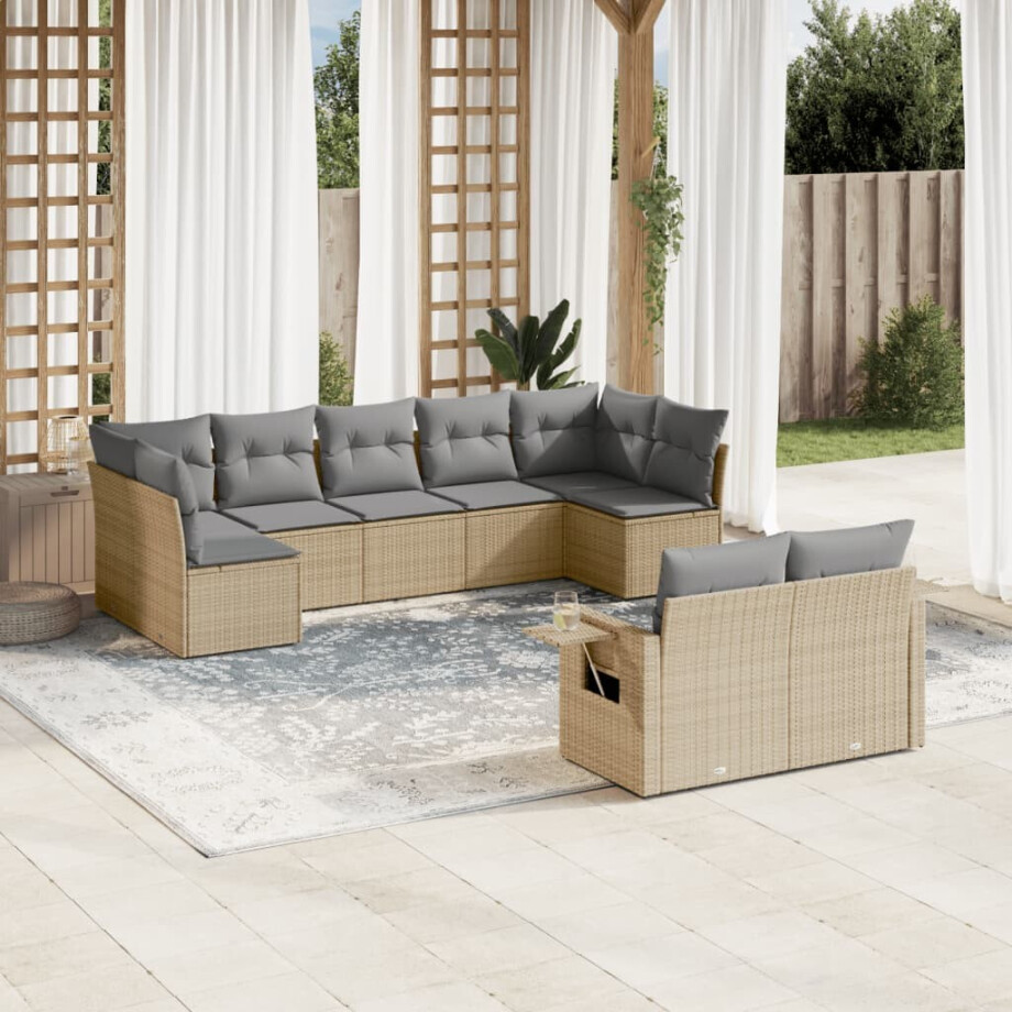 vidaXL 9-delige Loungeset met kussens poly rattan beige afbeelding 1