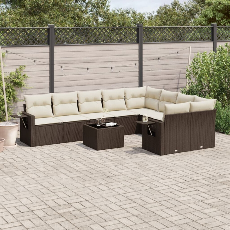 vidaXL 10-delige Loungeset met kussens poly rattan bruin vidaXL 10-delige Loungeset met kussens poly rattan bruin afbeelding 1