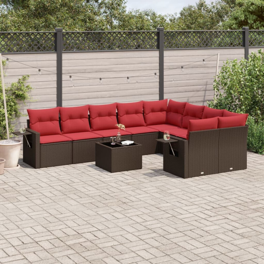 vidaXL 10-delige tuinbankset met kussens, bruin polyrotan afbeelding 1