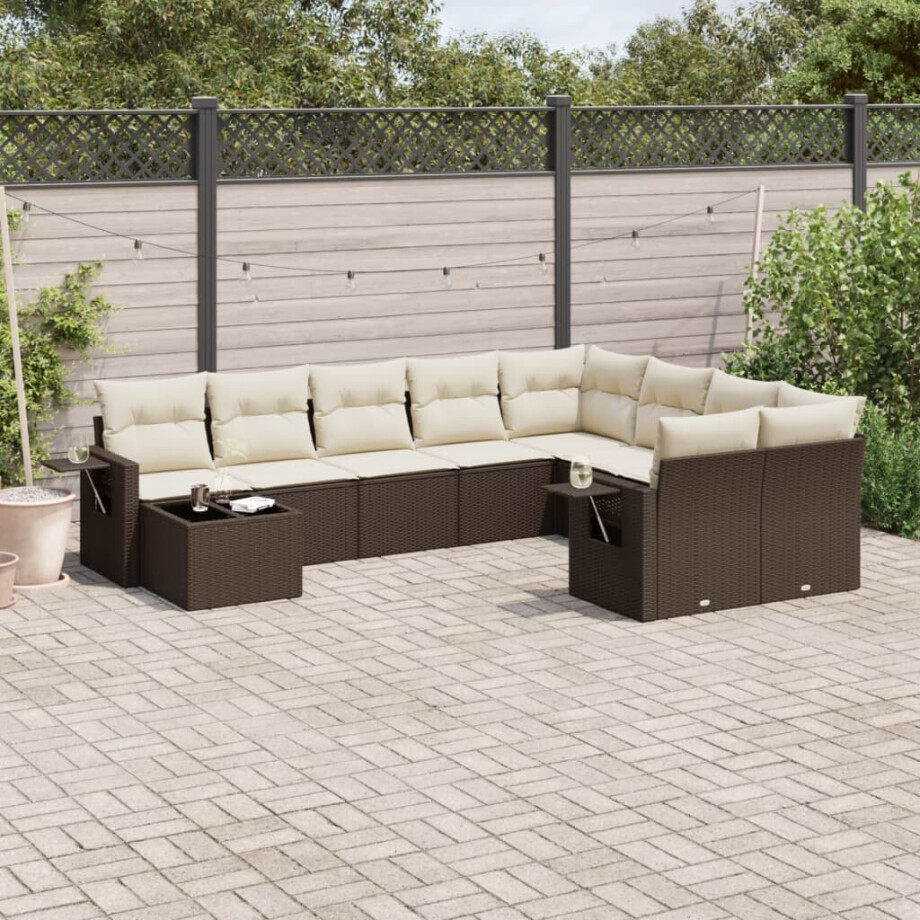 vidaXL 10-delige Loungeset met kussens poly rattan bruin vidaXL 10-delige Loungeset met kussens poly rattan bruin afbeelding 1
