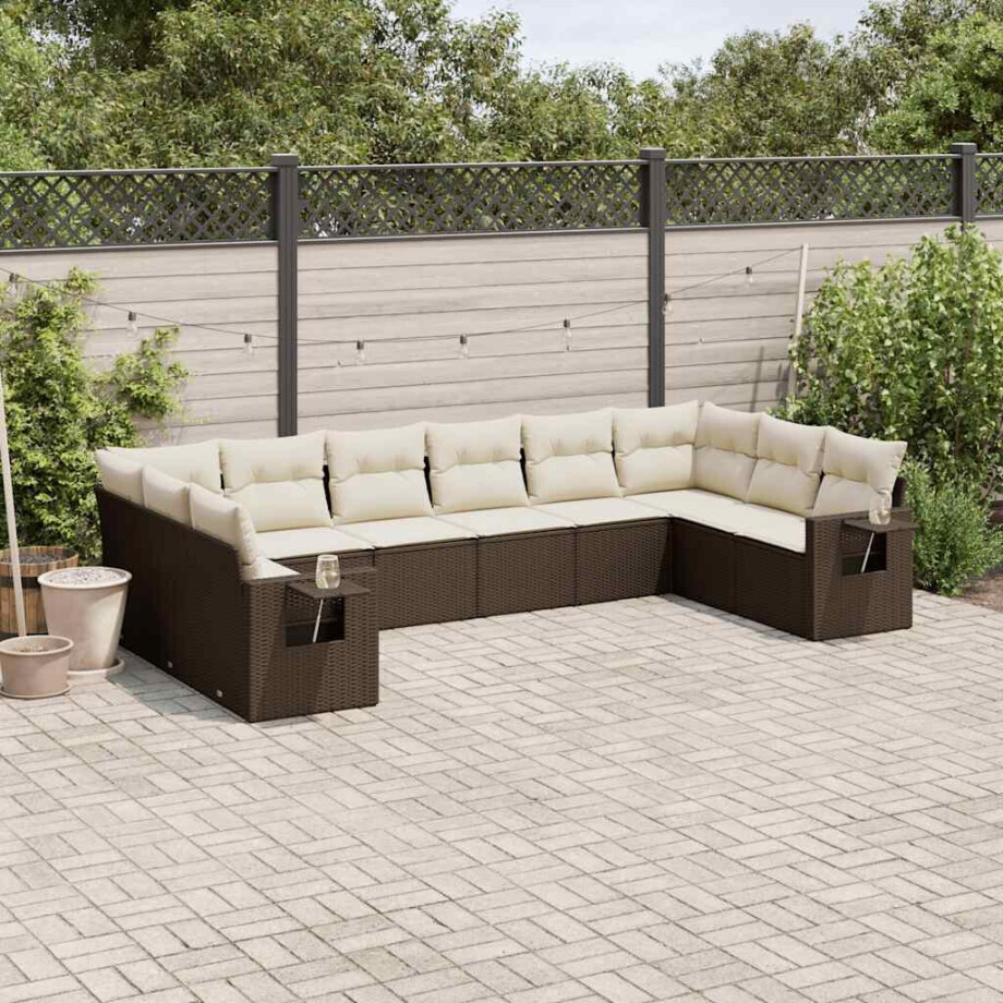 vidaXL 10-delige Loungeset met kussens poly rattan bruin afbeelding 1