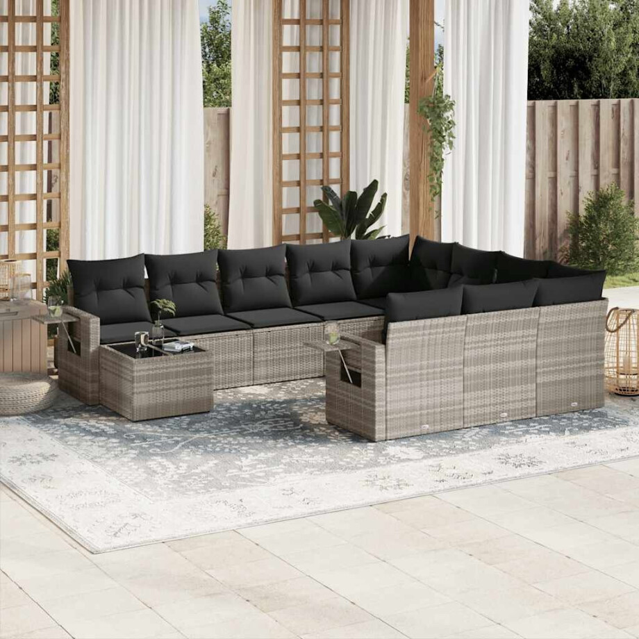 vidaXL 11-delige Loungeset met kussens poly rattan lichtgrijs afbeelding 1