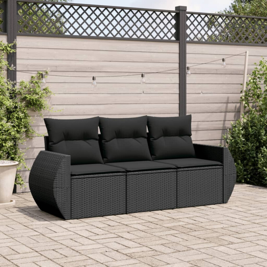 vidaXL 3-delige Loungeset met kussens poly rattan zwart afbeelding 1