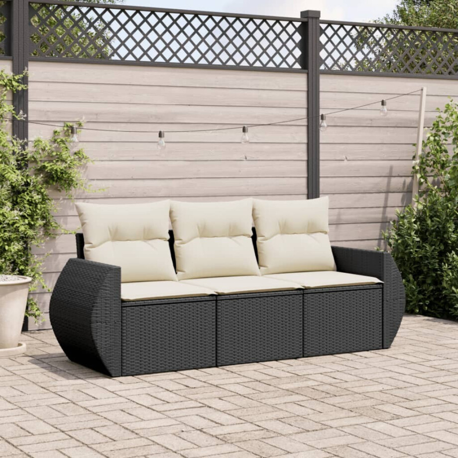 vidaXL 3-delige Loungeset met kussens poly rattan zwart afbeelding 1