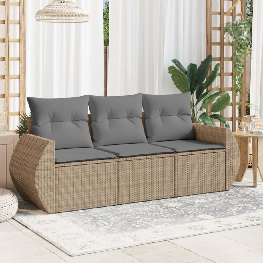 vidaXL 3-delige Loungeset met kussens poly rattan beige afbeelding 1