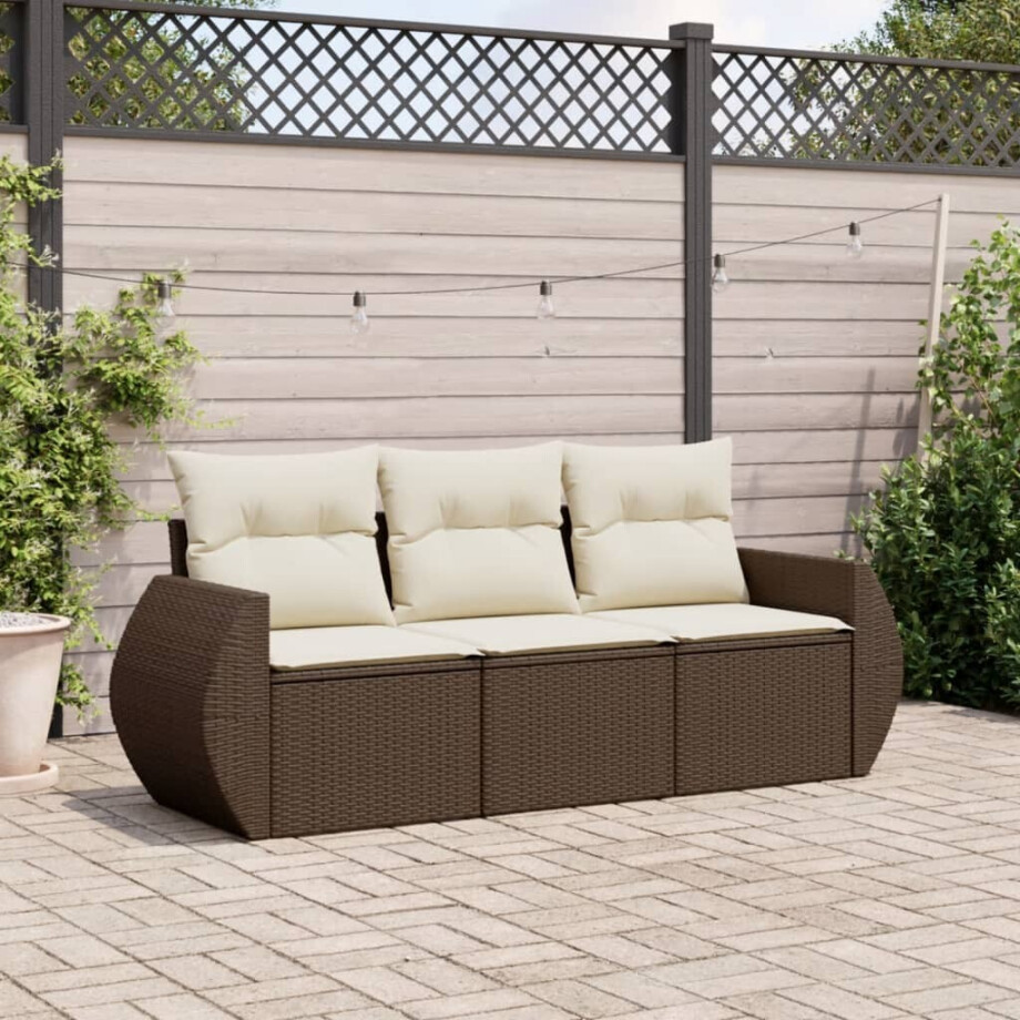 vidaXL 3-delige Loungeset met kussens poly rattan bruin afbeelding 1