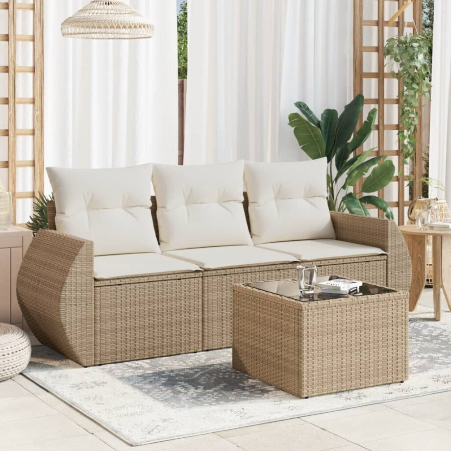 vidaXL 4-delige Loungeset met kussens poly rattan beige afbeelding 1