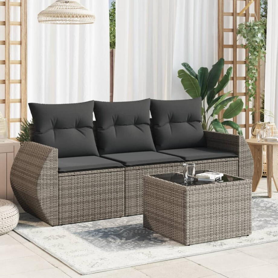 vidaXL 4-delige Loungeset met kussens poly rattan grijs afbeelding 1