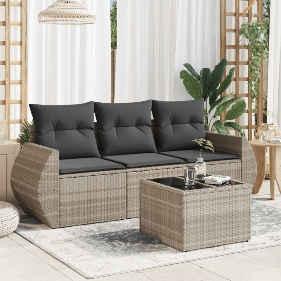vidaXL 4-delige Loungeset met kussens poly rattan lichtgrijs afbeelding 1