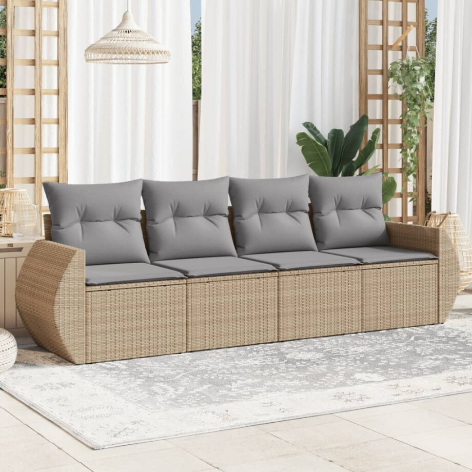 vidaXL 4-delige Loungeset met kussens poly rattan beige vidaXL 4-delige Loungeset met kussens poly rattan beige afbeelding 1