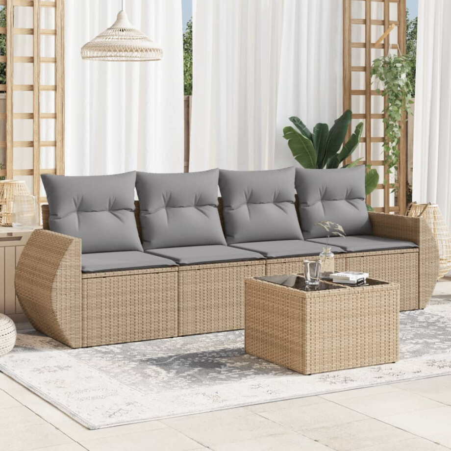 vidaXL 5-delige Loungeset met kussens poly rattan beige afbeelding 1