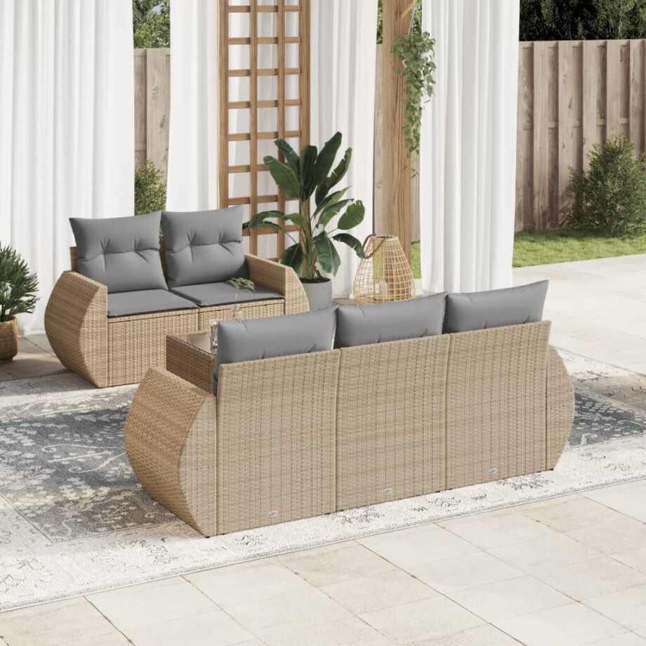 vidaXL 6-delige Loungeset met kussens poly rattan beige afbeelding 1