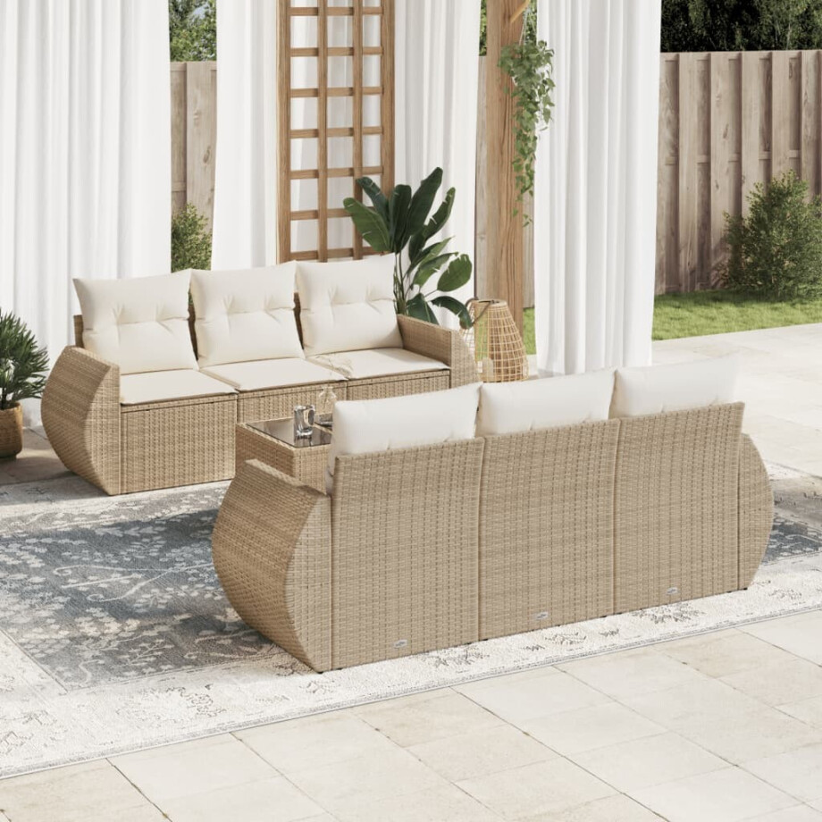vidaXL 7-delige Loungeset met kussens poly rattan beige afbeelding 1