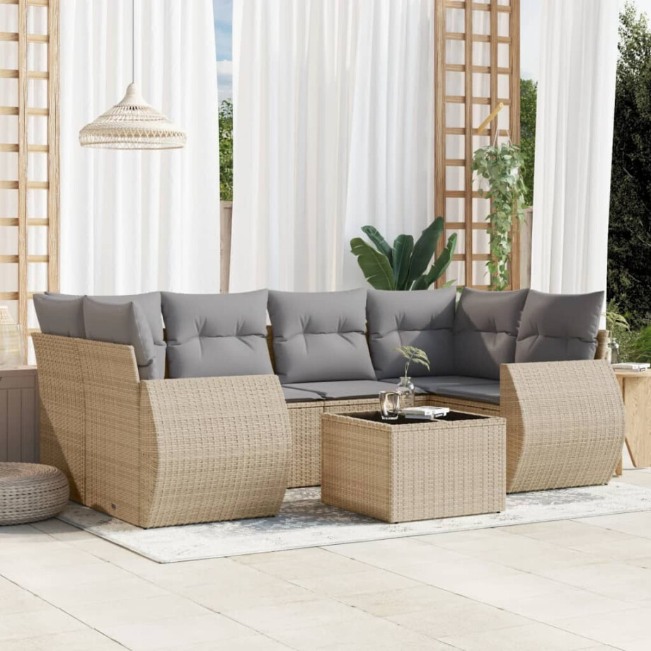 vidaXL 7-delige Loungeset met kussens poly rattan beige afbeelding 1