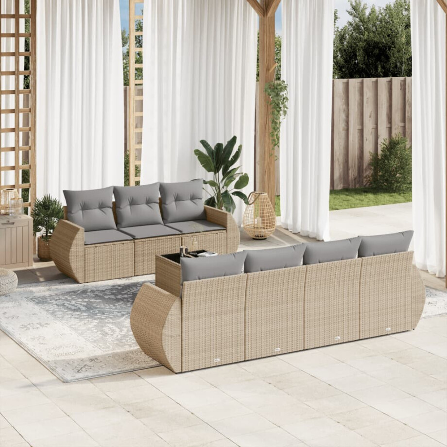 vidaXL 8-delige Loungeset met kussens poly rattan beige afbeelding 1