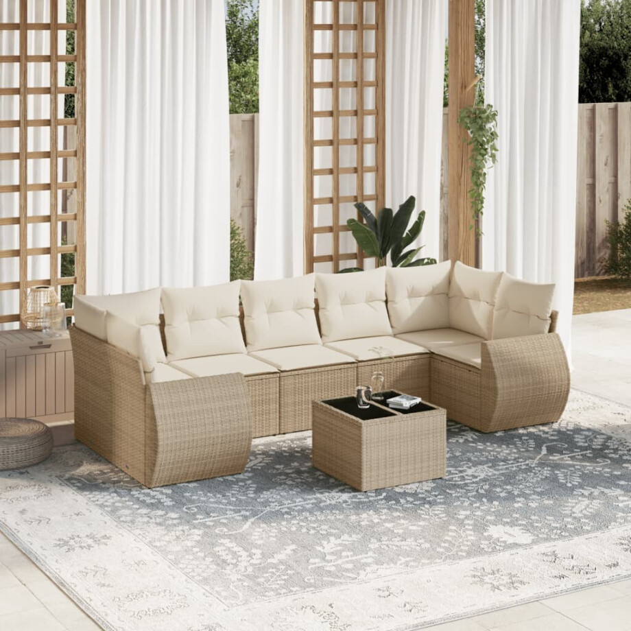 vidaXL 8-delige Loungeset met kussens poly rattan beige afbeelding 1