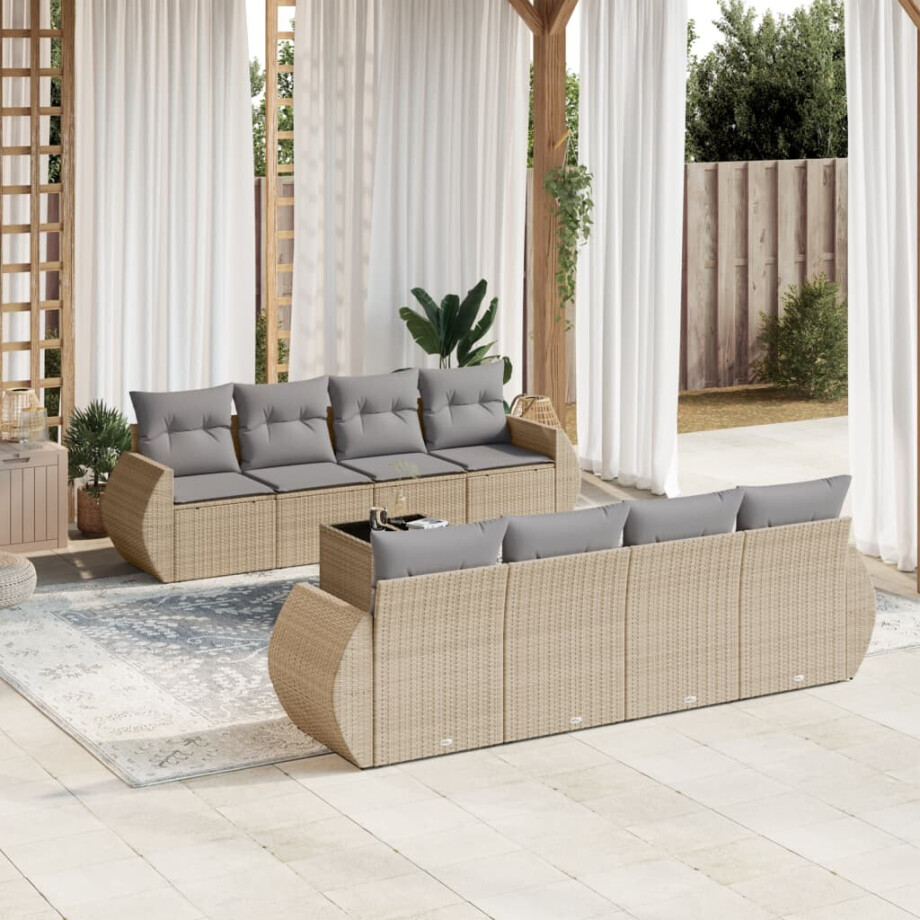 vidaXL 9-delige Loungeset met kussens poly rattan beige afbeelding 1