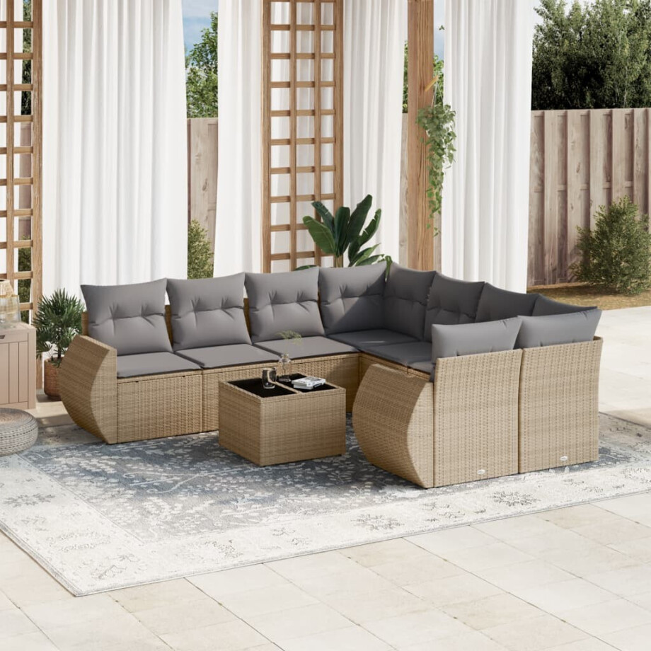 vidaXL 9-delige Loungeset met kussens poly rattan beige afbeelding 1