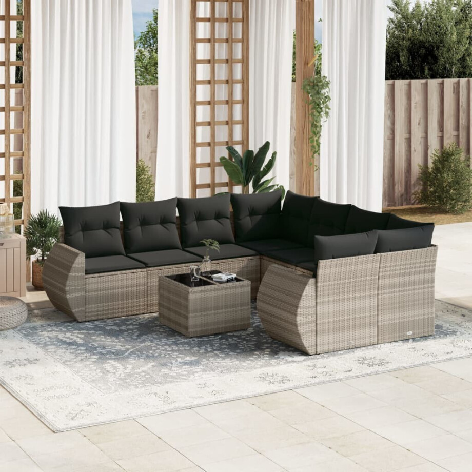 vidaXL 9-delige Loungeset met kussens poly rattan lichtgrijs afbeelding 1