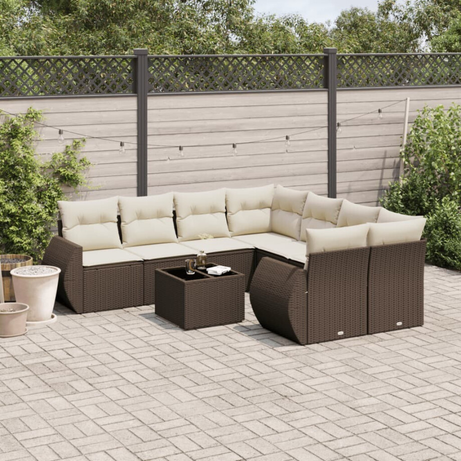 vidaXL 9-delige Loungeset met kussens poly rattan bruin afbeelding 1