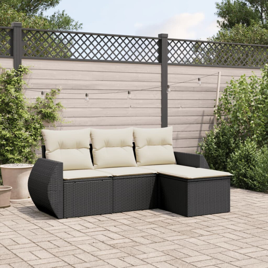 vidaXL 4-delige Loungeset met kussens poly rattan zwart afbeelding 1