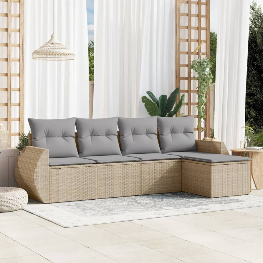 vidaXL 5-delige Loungeset met kussens poly rattan beige afbeelding 1