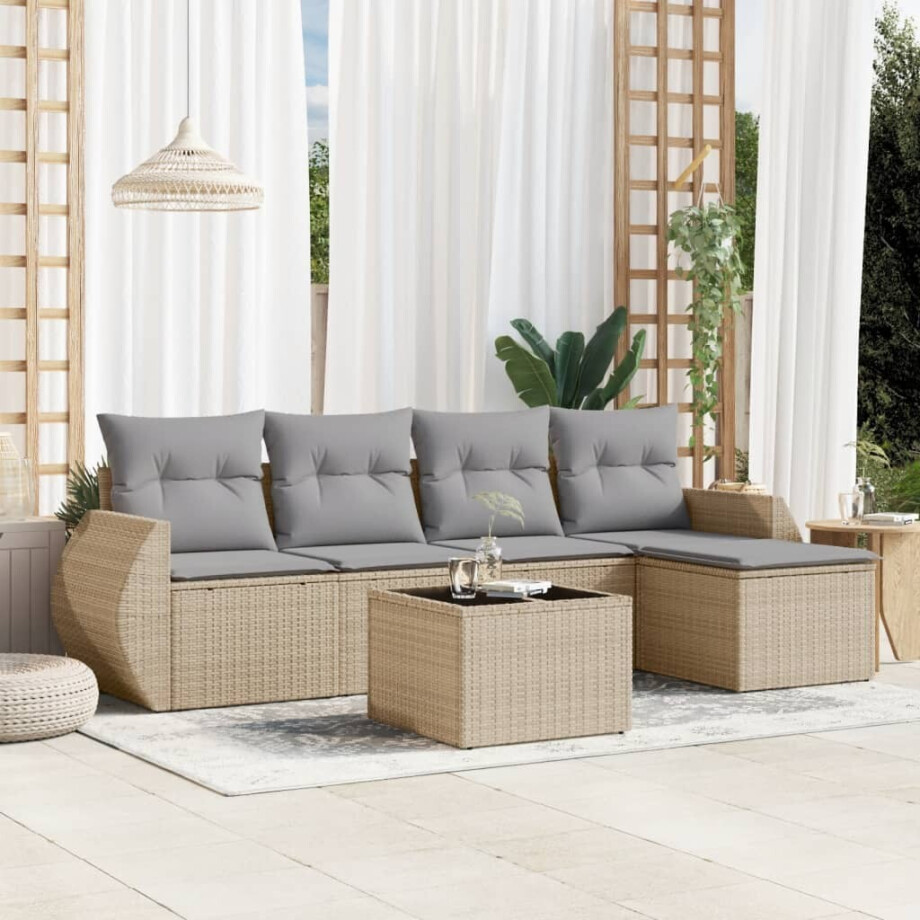 vidaXL 6-delige Loungeset met kussens poly rattan beige afbeelding 1