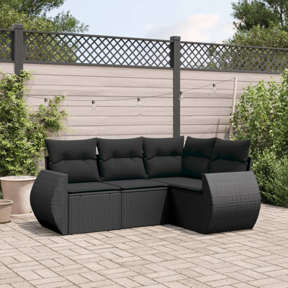 vidaXL 4-delige Loungeset met kussens poly rattan zwart afbeelding 1