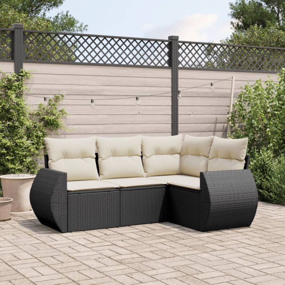 vidaXL 4-delige Loungeset met kussens poly rattan zwart afbeelding 1