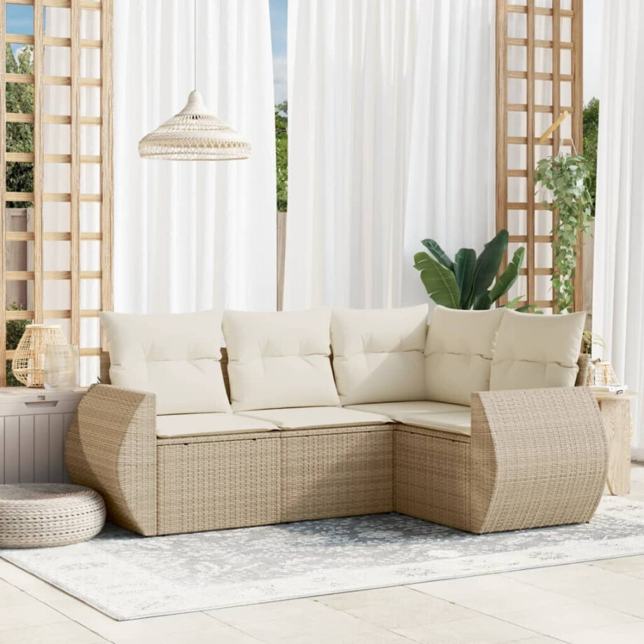 vidaXL 4-delige Loungeset met kussens poly rattan beige afbeelding 1