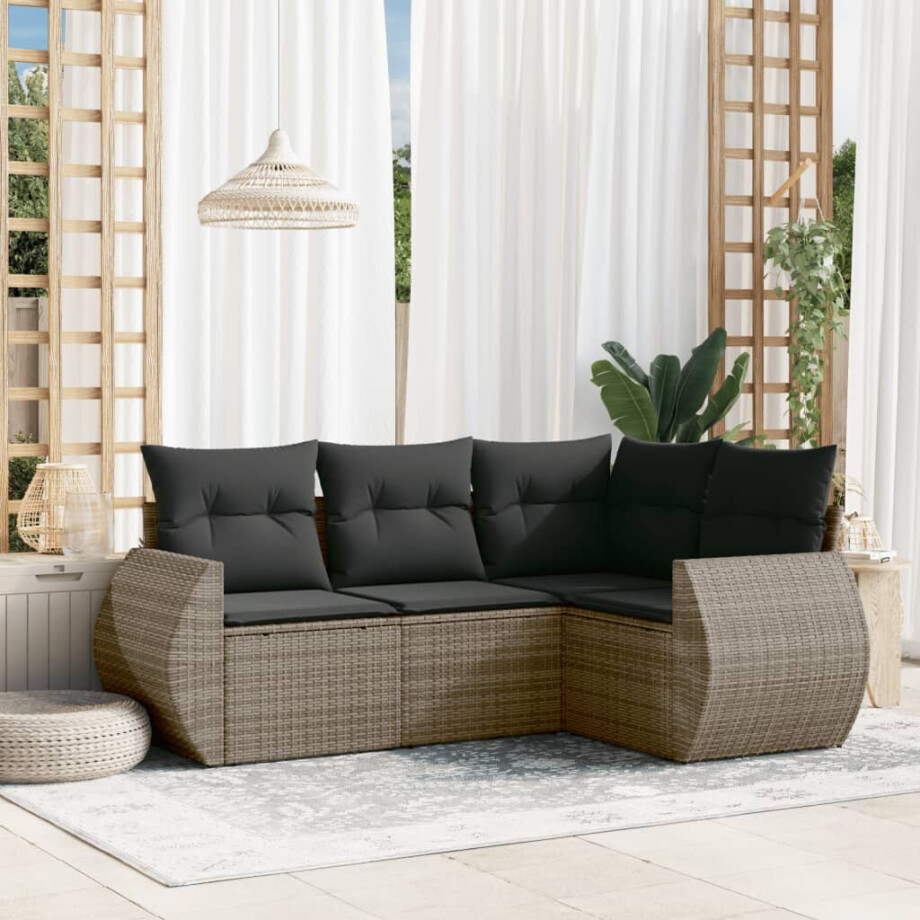 vidaXL 4-delige Loungeset met kussens poly rattan grijs vidaXL 4-delige Loungeset met kussens poly rattan grijs afbeelding 1