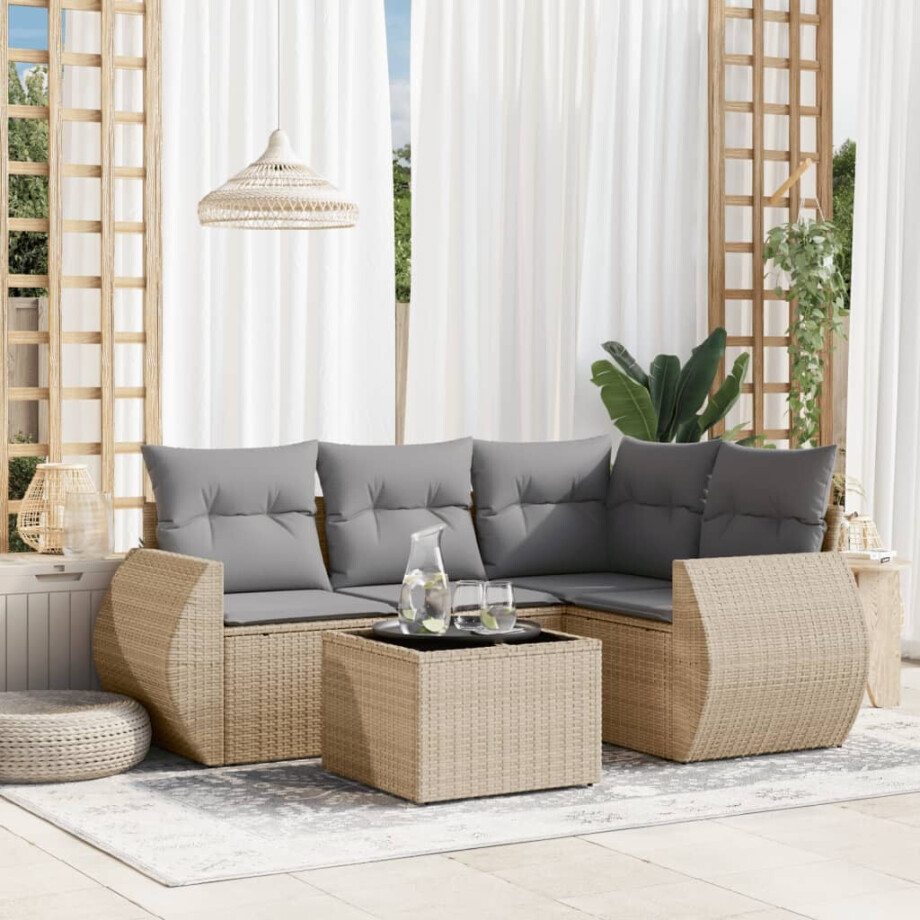 vidaXL 5-delige Loungeset met kussens poly rattan beige afbeelding 1