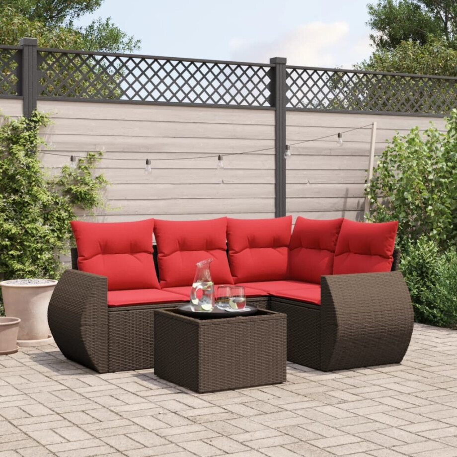 vidaXL 5-delige tuinbankset met kussens, bruin polyrotan vidaXL 5-delige tuinbankset met kussens, bruin polyrotan afbeelding 1