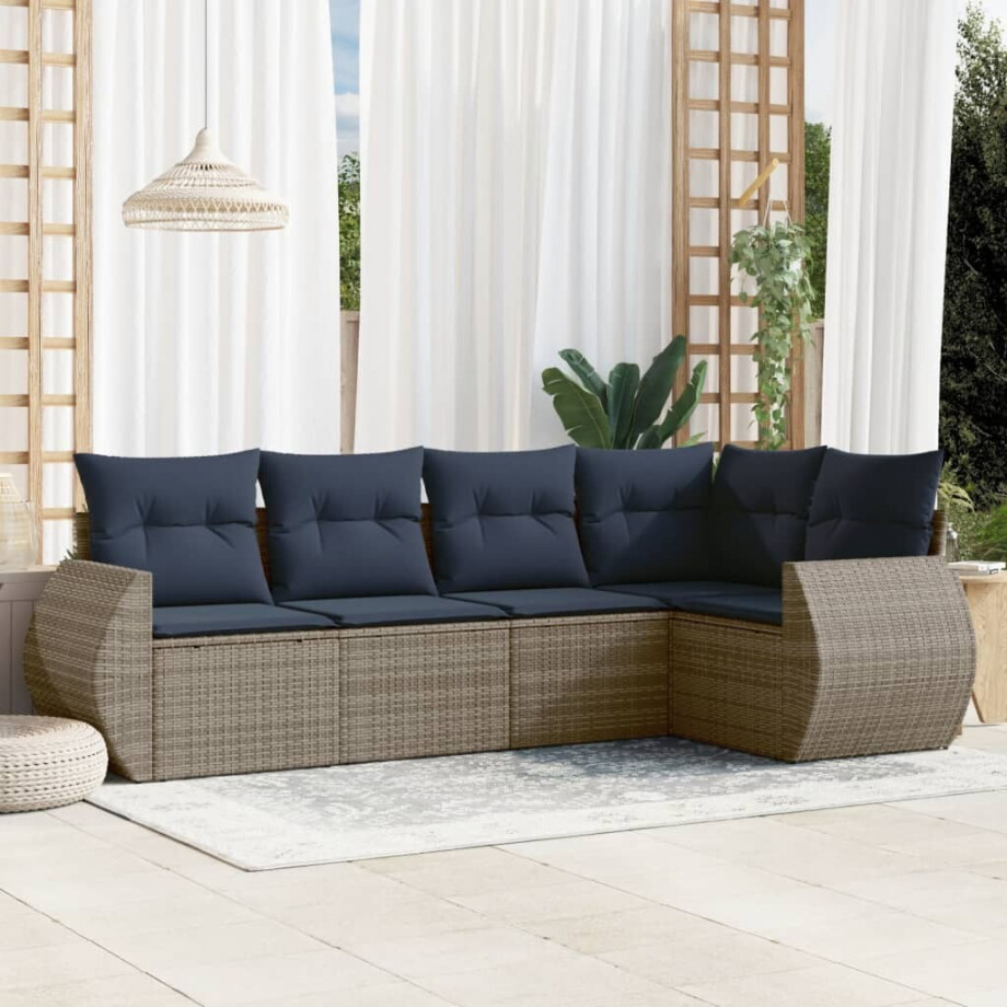 vidaXL 5-delige tuinbankset met kussens, grijs polyrotan afbeelding 1