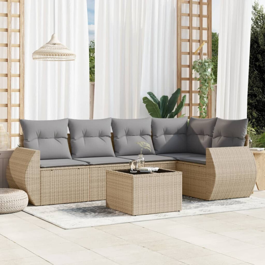 vidaXL 6-delige Loungeset met kussens poly rattan beige afbeelding 1
